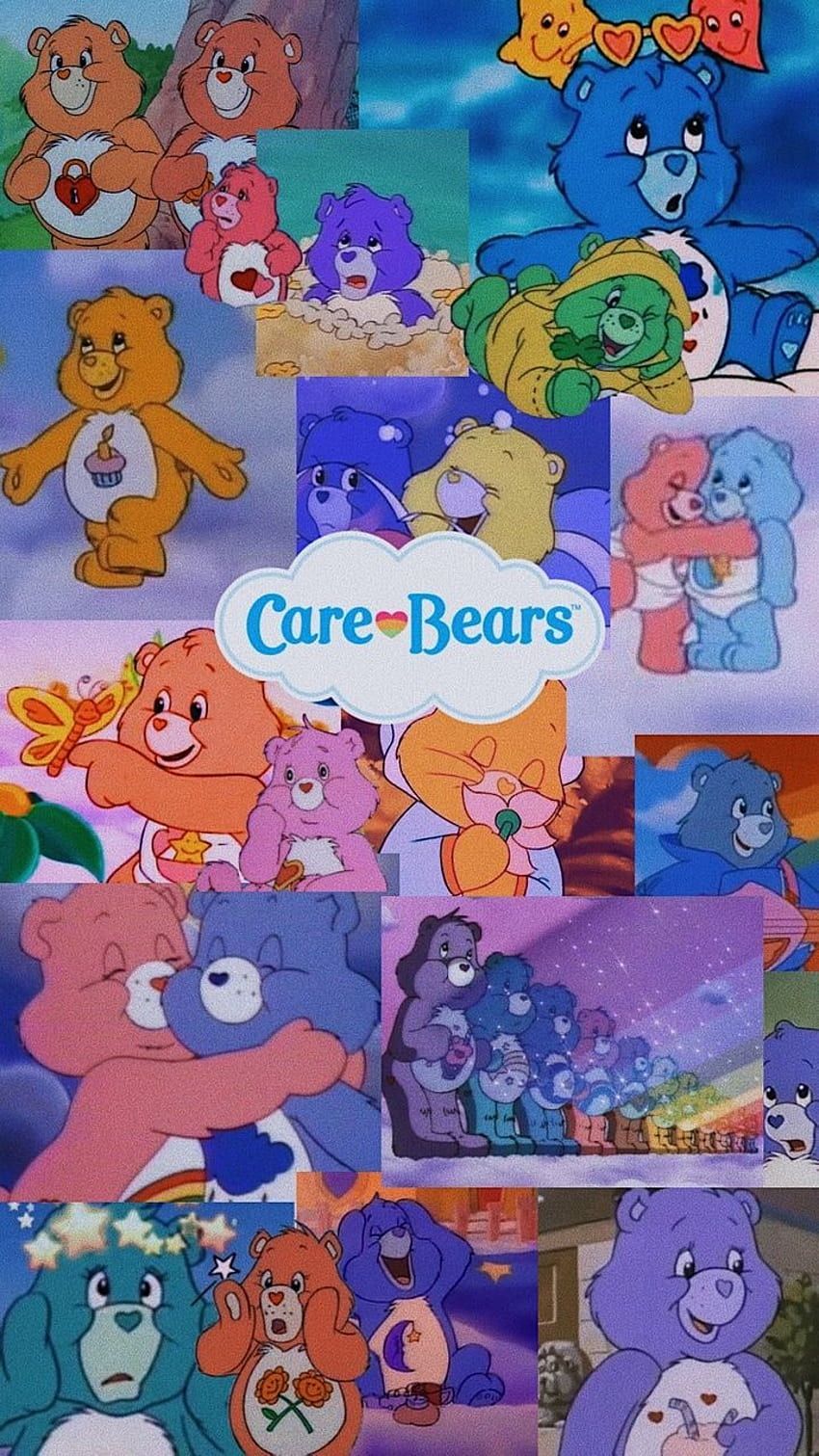 A collection of care bears images is displayed in a collage format, featuring a large group of care bears in various poses and sizes - Care Bears