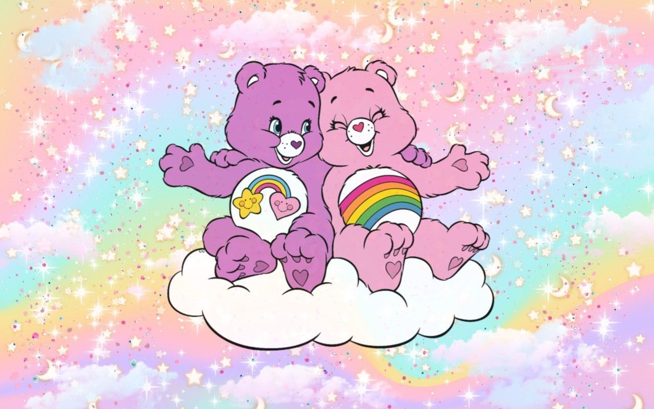 Two Care Bears sitting on a cloud with a rainbow background - Care Bears