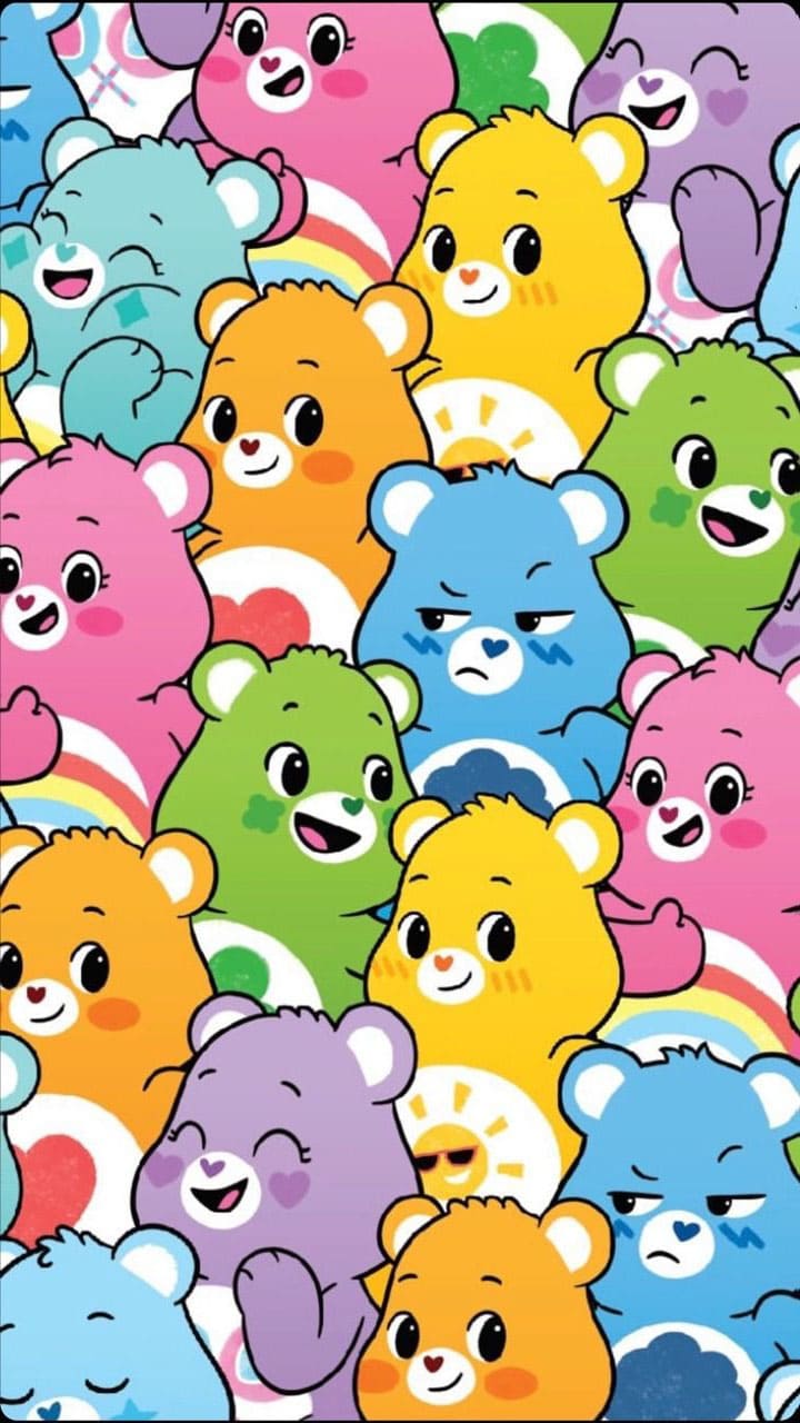 A pattern of many different colored bears - Care Bears