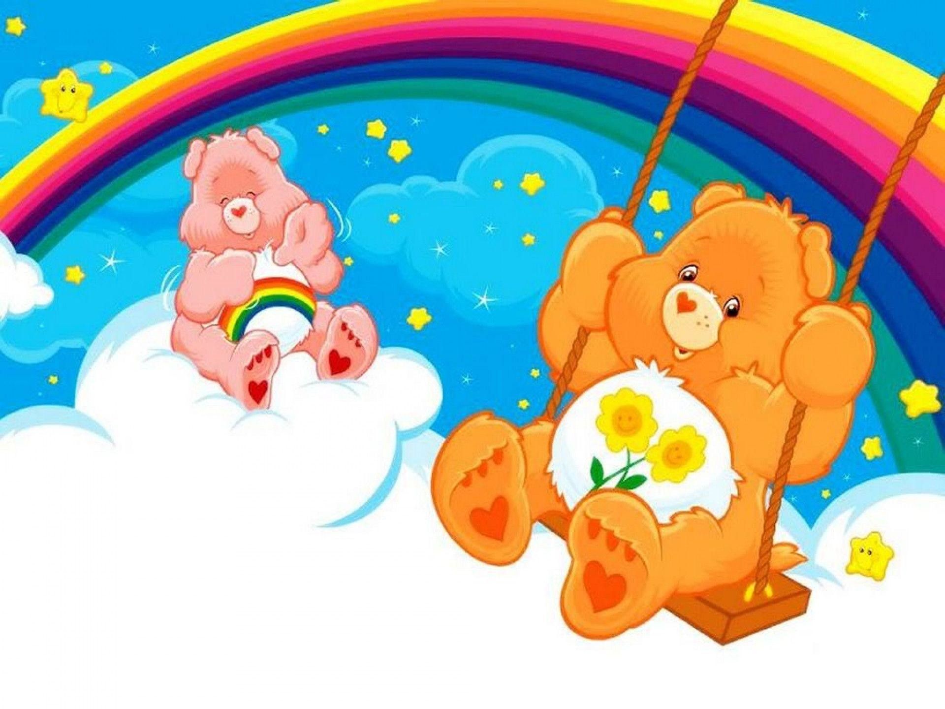 Care Bears swinging on a rainbow wallpaper - Care Bears