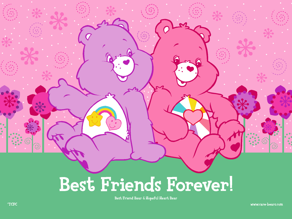 Two Care Bears sitting on a flowered bench with the words 