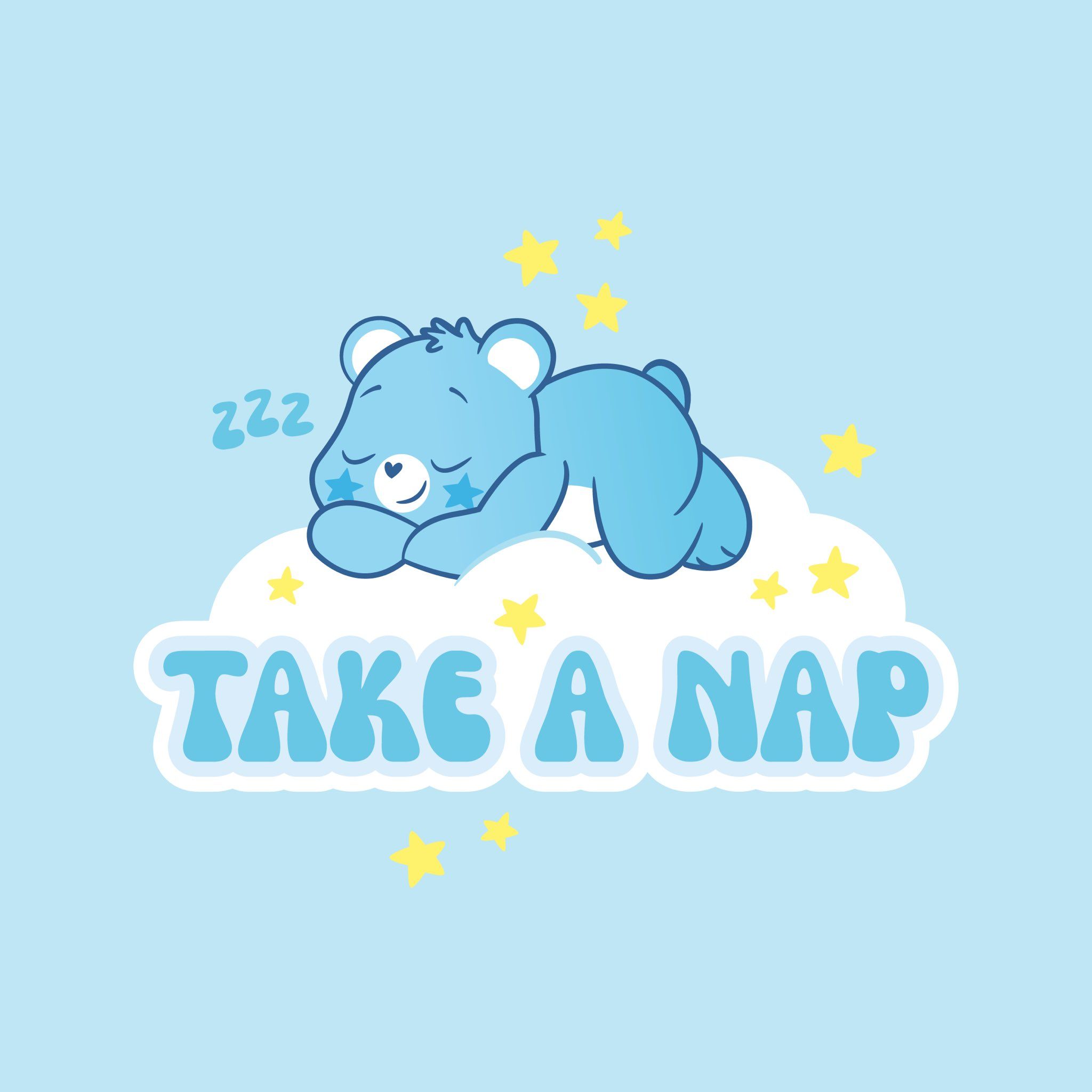 A blue bear with the words take nap on it - Care Bears