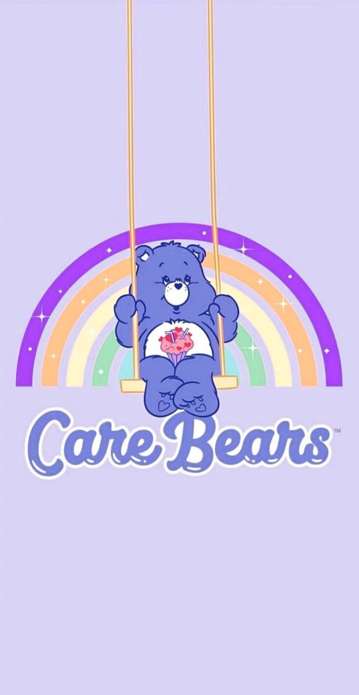 Care bears wallpaper, purple background, with a rainbow and a blue bear swinging - Care Bears