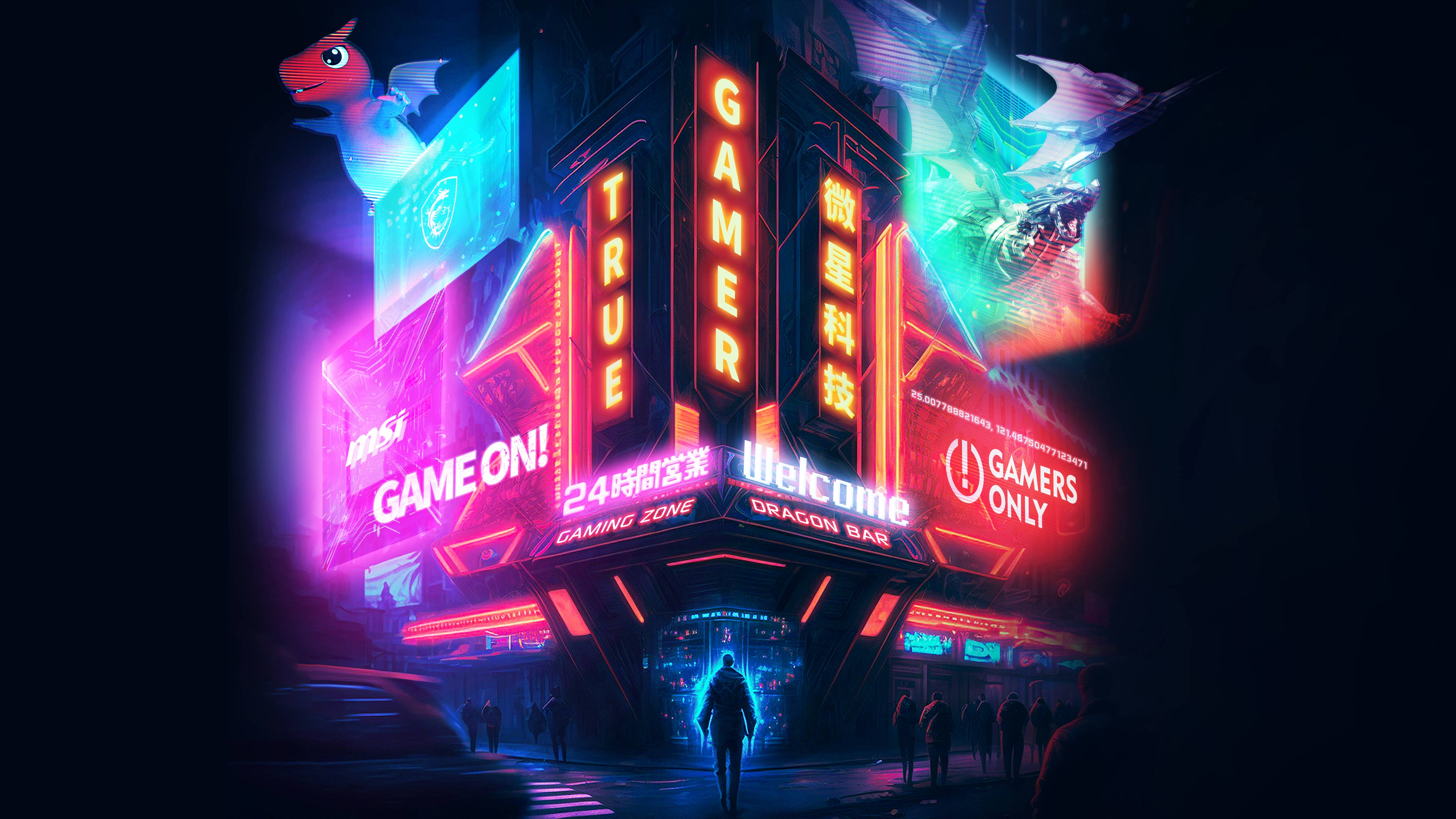A neon lit sign with people walking by - Gaming