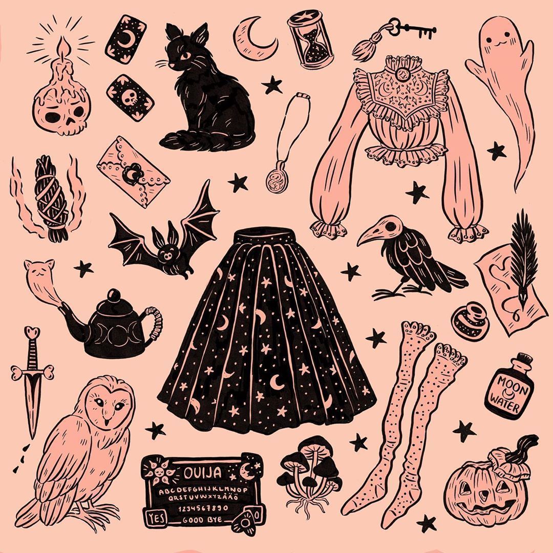 A skirt in the center surrounded by various Halloween themed items such as bats, ghosts, and ouija boards. - Witchcore