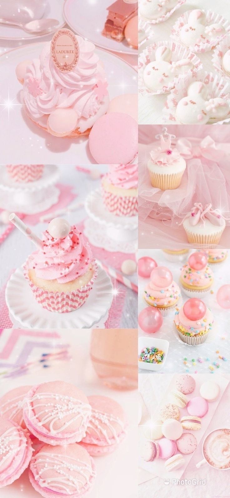 Collage of pink desserts including macarons, cupcakes, and donuts. - Cake