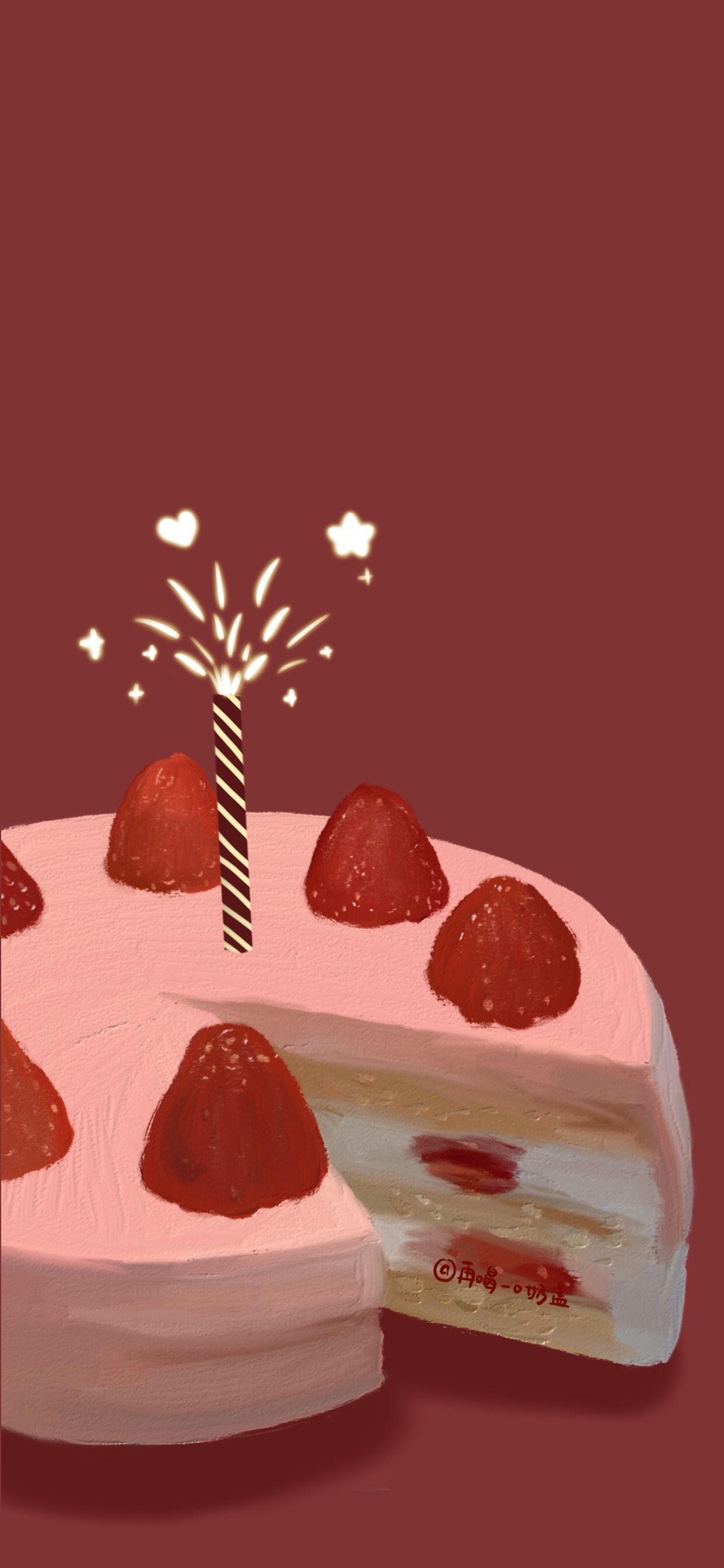 IPhone wallpaper of a strawberry cake with a candle and a missing slice - Cake