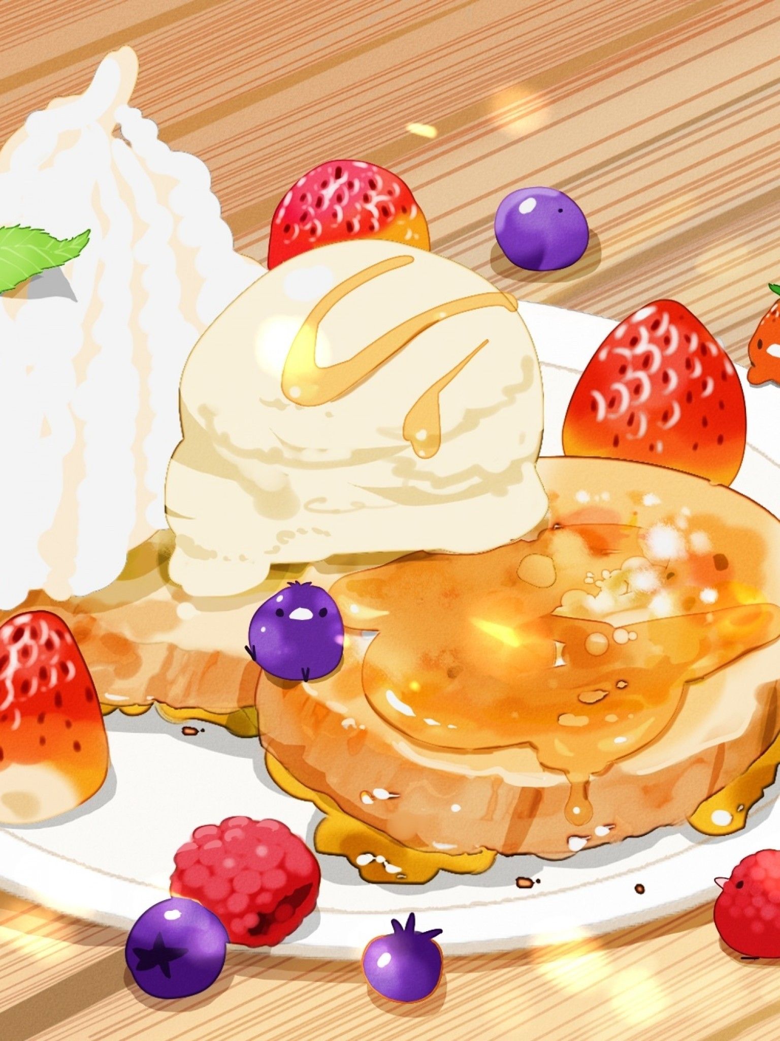 A plate of pancakes with fruit and ice cream - Cake