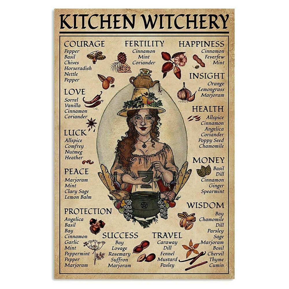Kitchen Witchery - A poster with a witch holding a cauldron surrounded by various herbs and spices. - Witchcore
