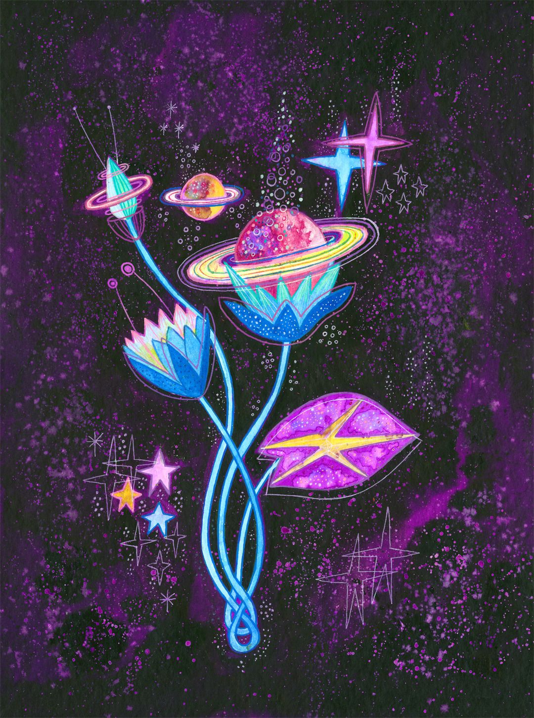 A digital painting of a purple flower with planets and stars - Witchcore