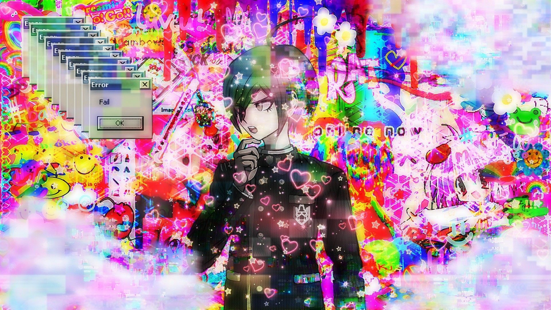 Anime boy with black hair and a black shirt standing in front of a colorful background - Weirdcore, glitchcore