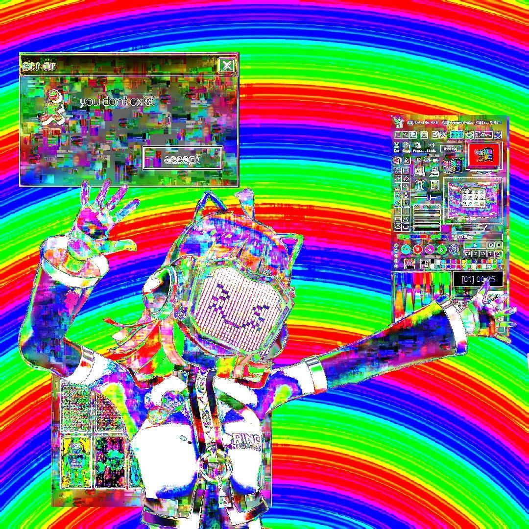 A computer with colorful rainbow background and cat - Glitchcore