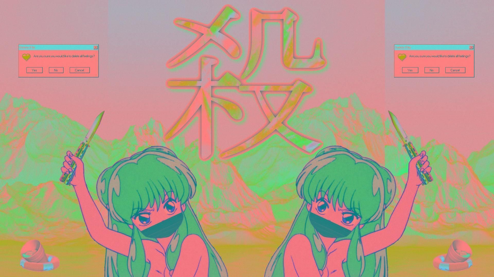 A digital artwork featuring two anime girls with long green hair and bangs. They are holding knives and wearing masks. The background is a gradient of pink and green. - Glitchcore