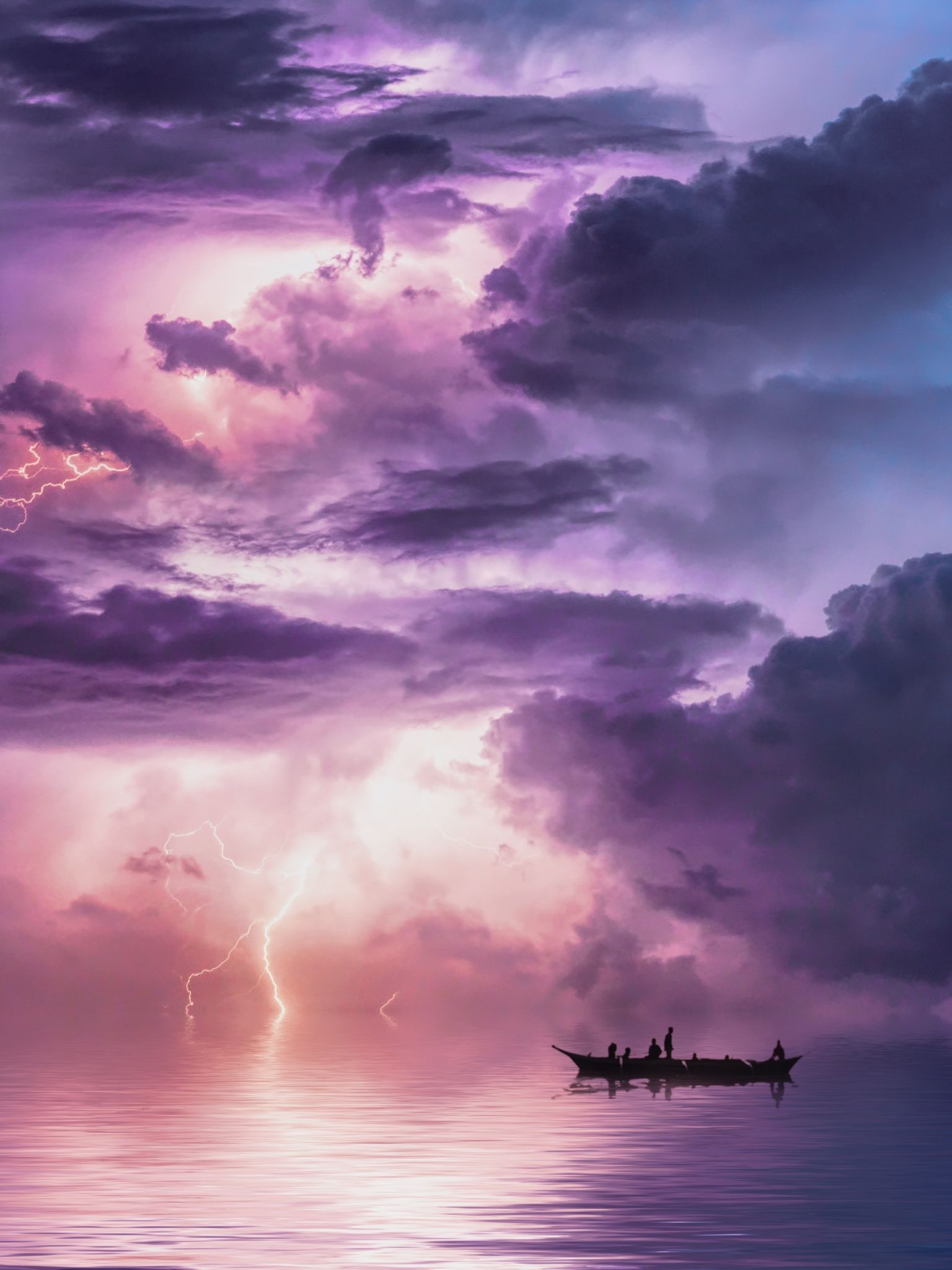 A boat with three people on it floating on a body of water with a purple and blue cloudy sky above. - Storm
