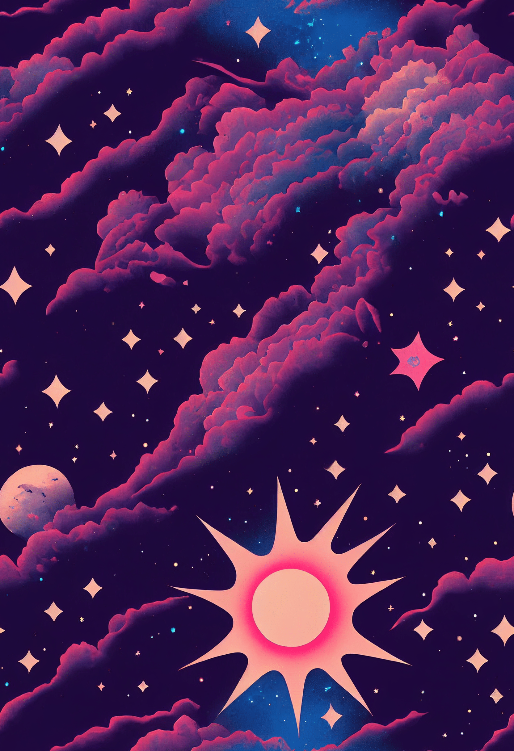prompthunt: flat witchcore print pattern, wallpaper, pastel, blacklight, sun, stars, nebula, astrological, crystals, wild flowers, black and white