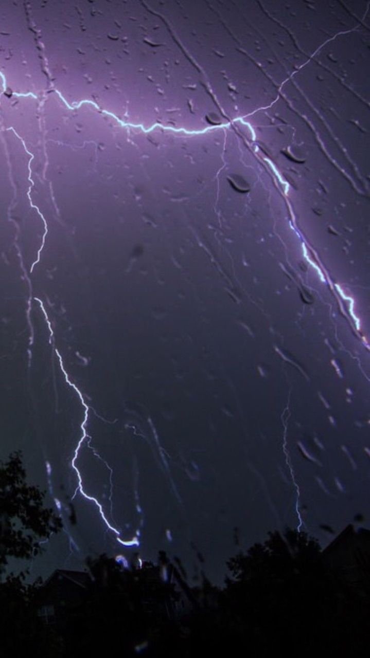A lightning bolt strikes the sky in front of trees - Storm