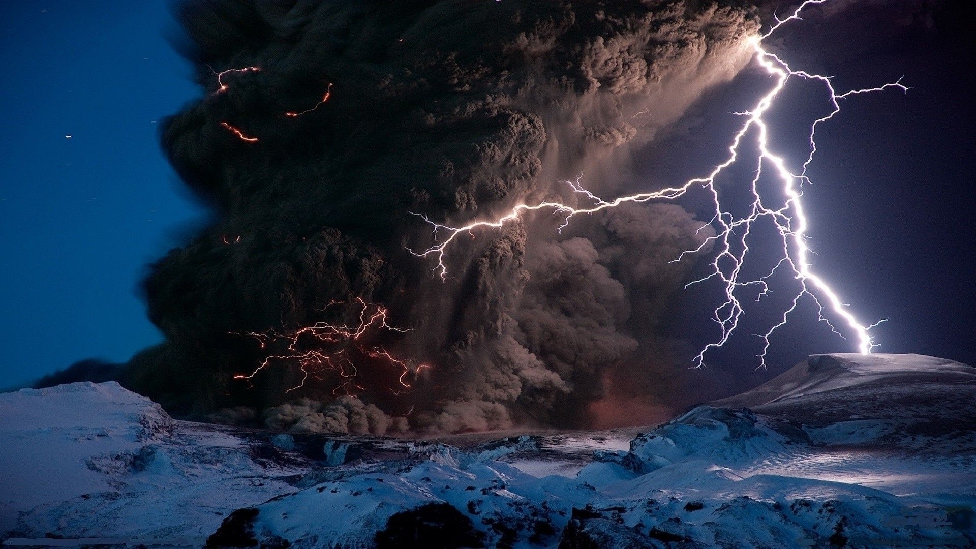 A massive volcanic eruption spews ash and smoke into the air, accompanied by a bolt of lightning. - Storm