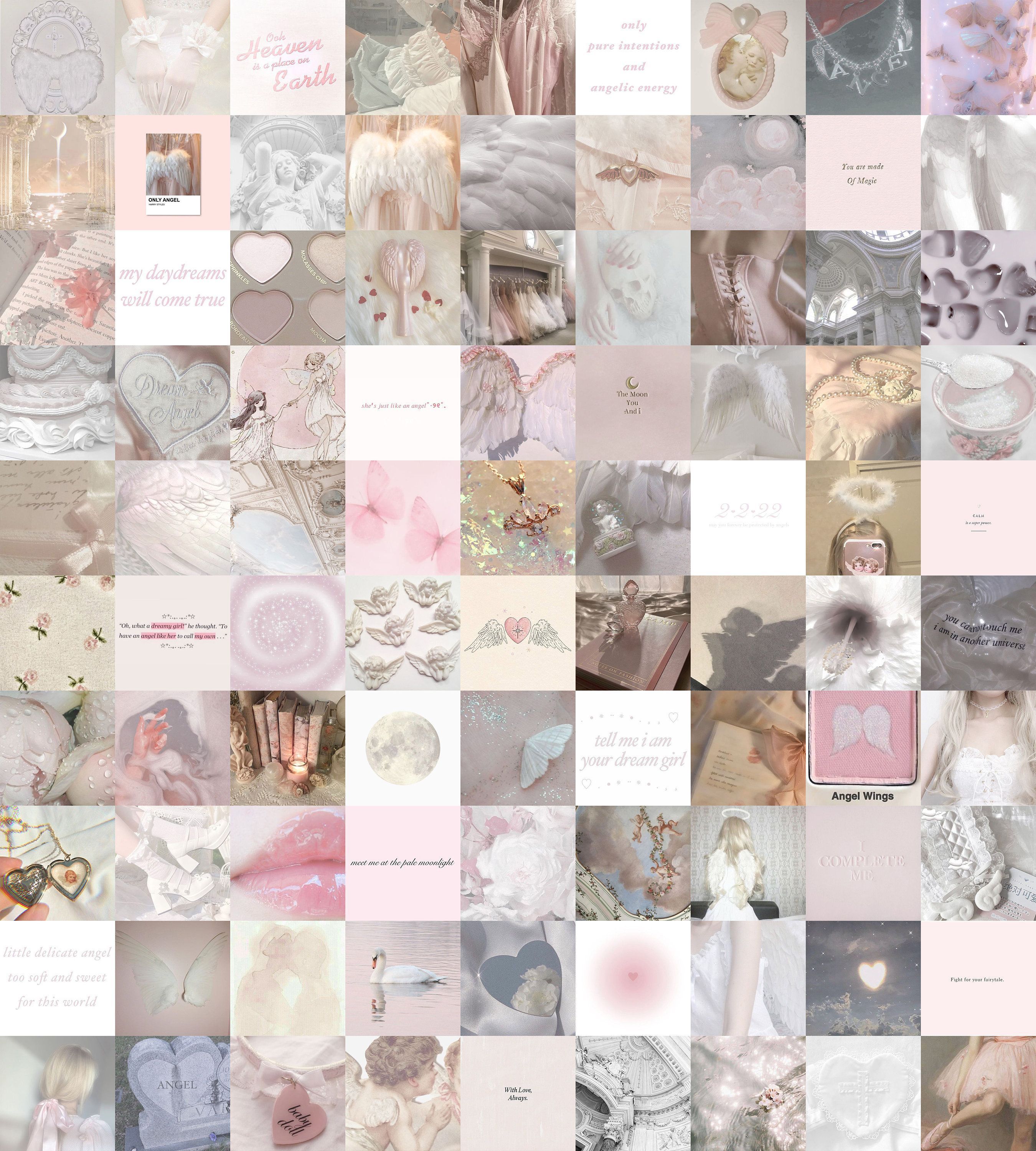 A collage of pictures with pink and white backgrounds - Angelcore