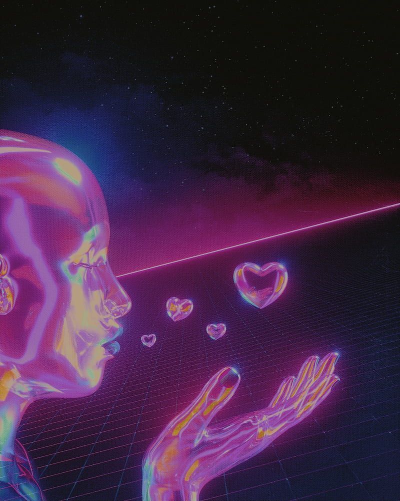 A neon illustration of a person with hearts coming out of their hand - Glitch, VHS