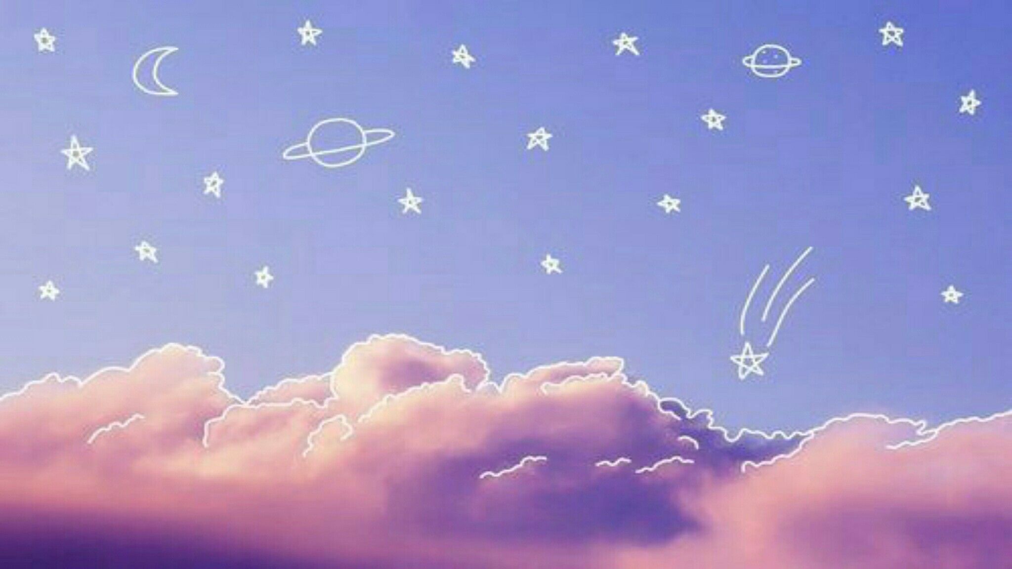 Aesthetic background of a blue sky with white stars, planets, and clouds. - 2048x1152, computer, desktop, cloud, laptop, witch, princess, kawaii, doodles, candy, scenery, YouTube