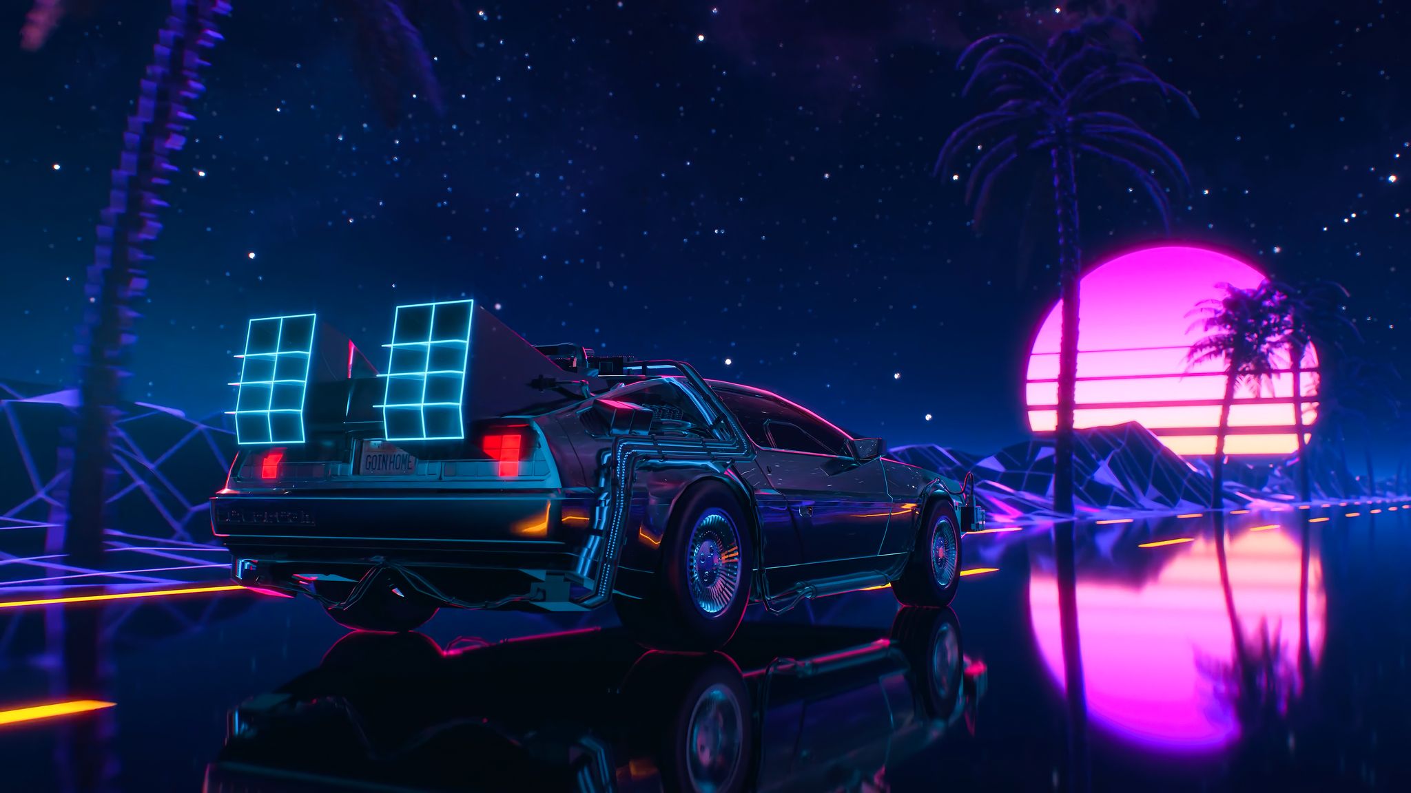 A DeLorean time machine from the 1980s is parked in a city with palm trees and a pink glowing sphere in the sky. - 2048x1152