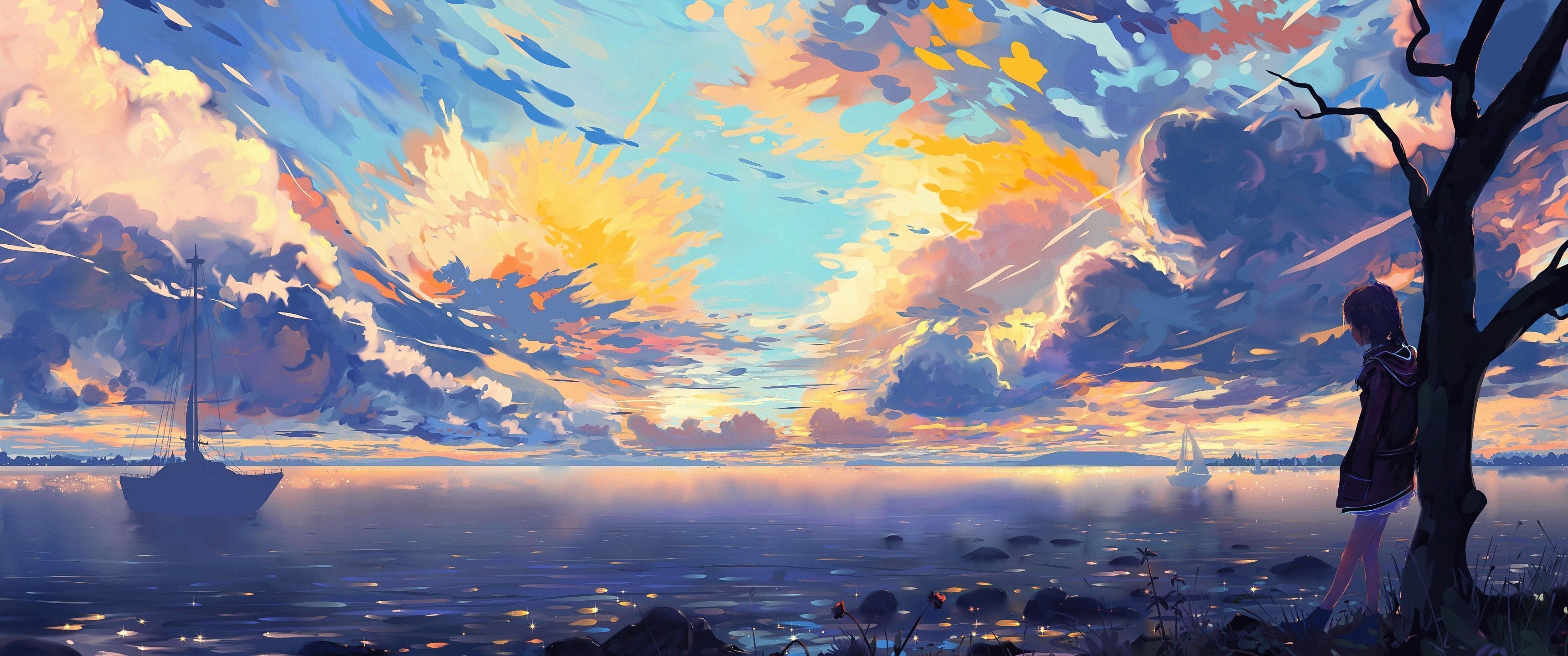Anime girl looking at the sea at sunset - 3440x1440