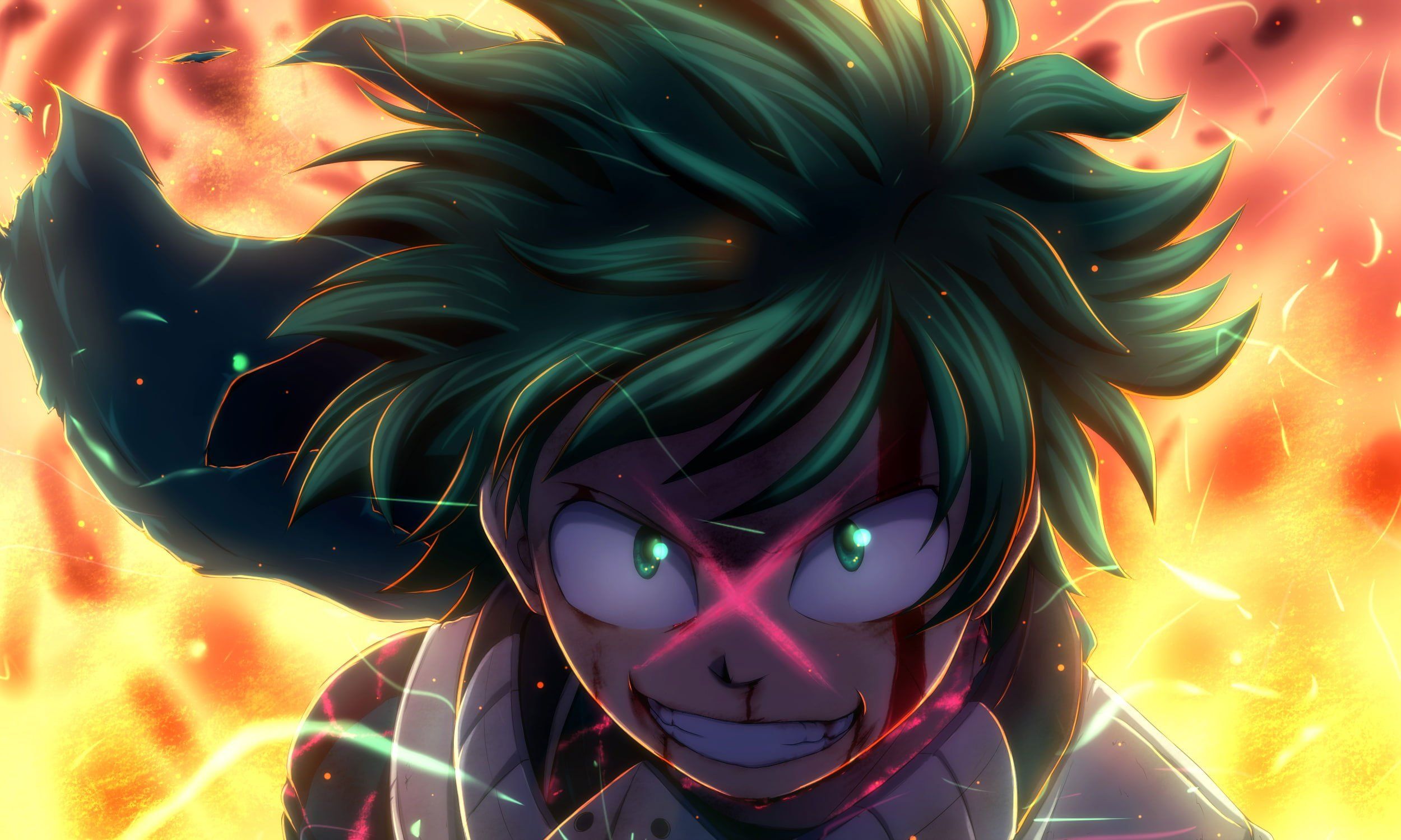 A cartoon character with green hair and red eyes - My Hero Academia