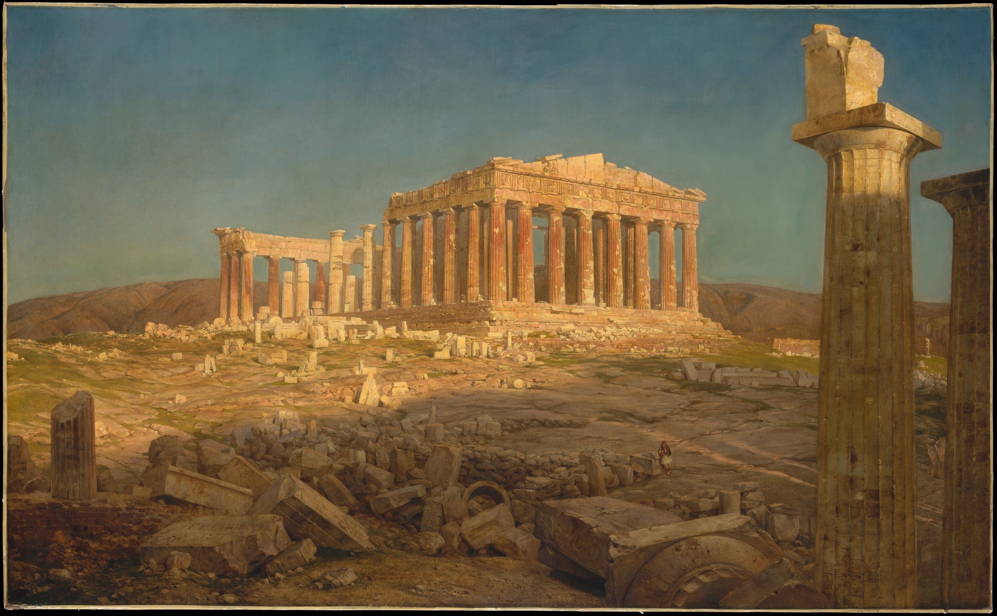 temple, painting, arch, ruins, Greek mythology, Frederic Edwin Church, The Parthenon, ART, landmark, screenshot, ancient history, ancient greek temple, ancient roman architecture Gallery HD Wallpaper