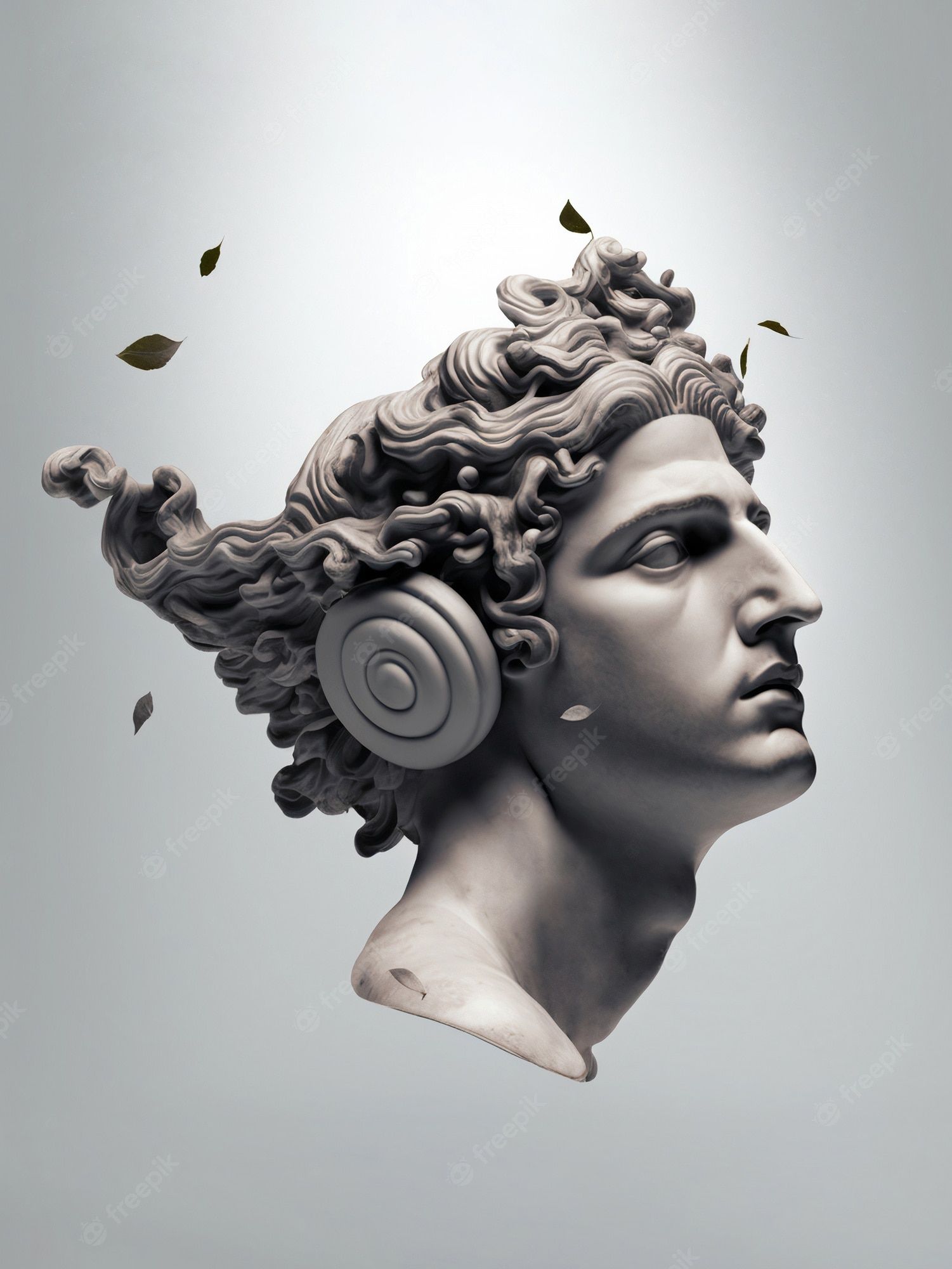 Digital collage of a sculpture head with a modern headphones - Greek mythology