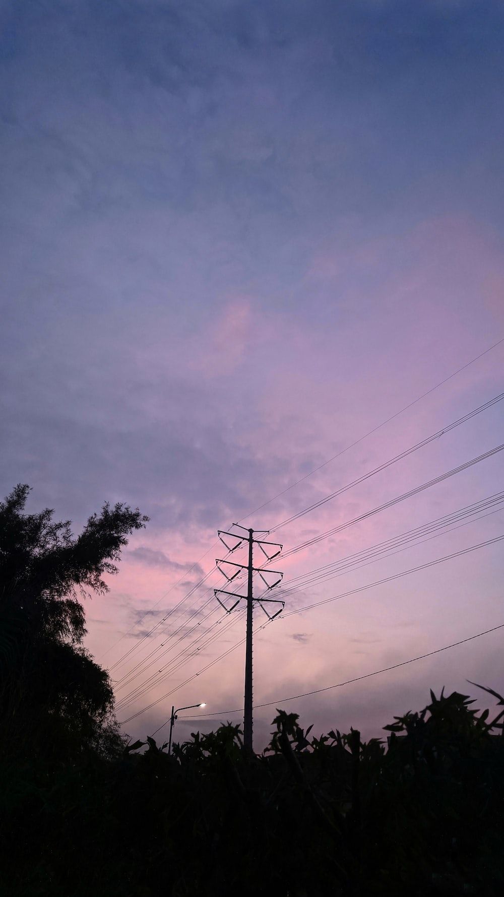 A telephone pole with power lines in front of a pink and blue sky - Sunrise