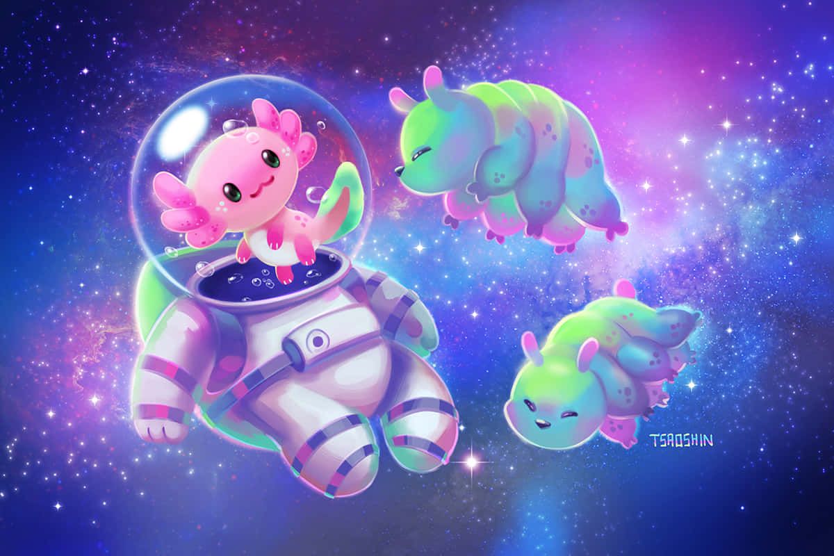 A cartoon character in an astronaut suit with two other creatures - Axolotl