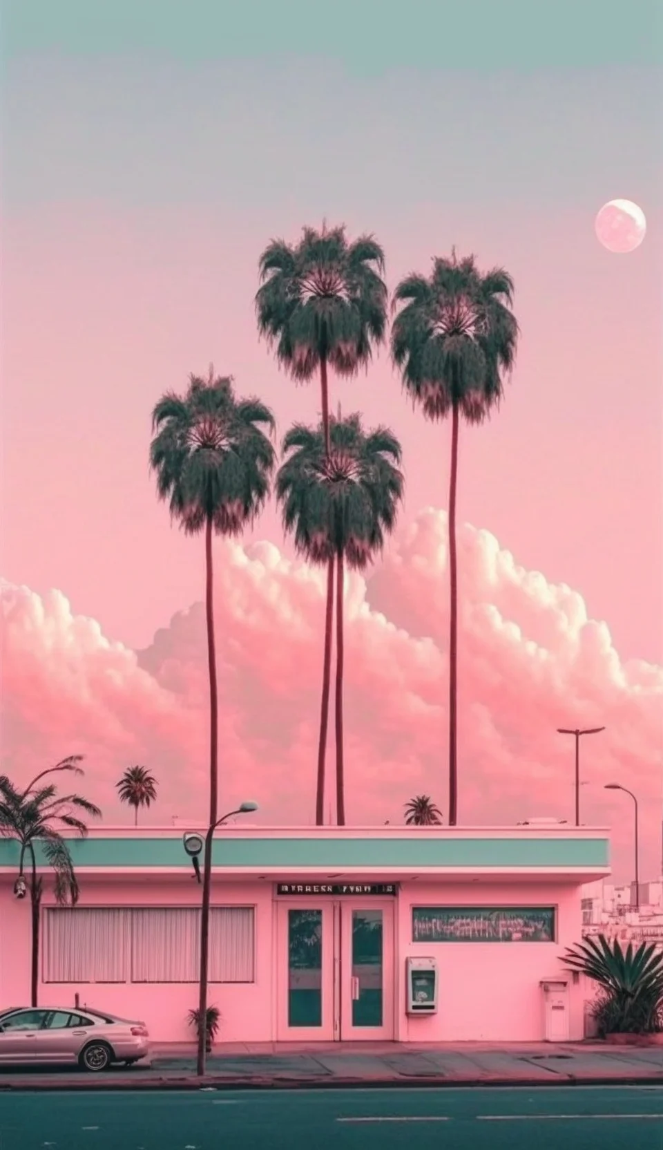 A pink building with palm trees in front of it - California