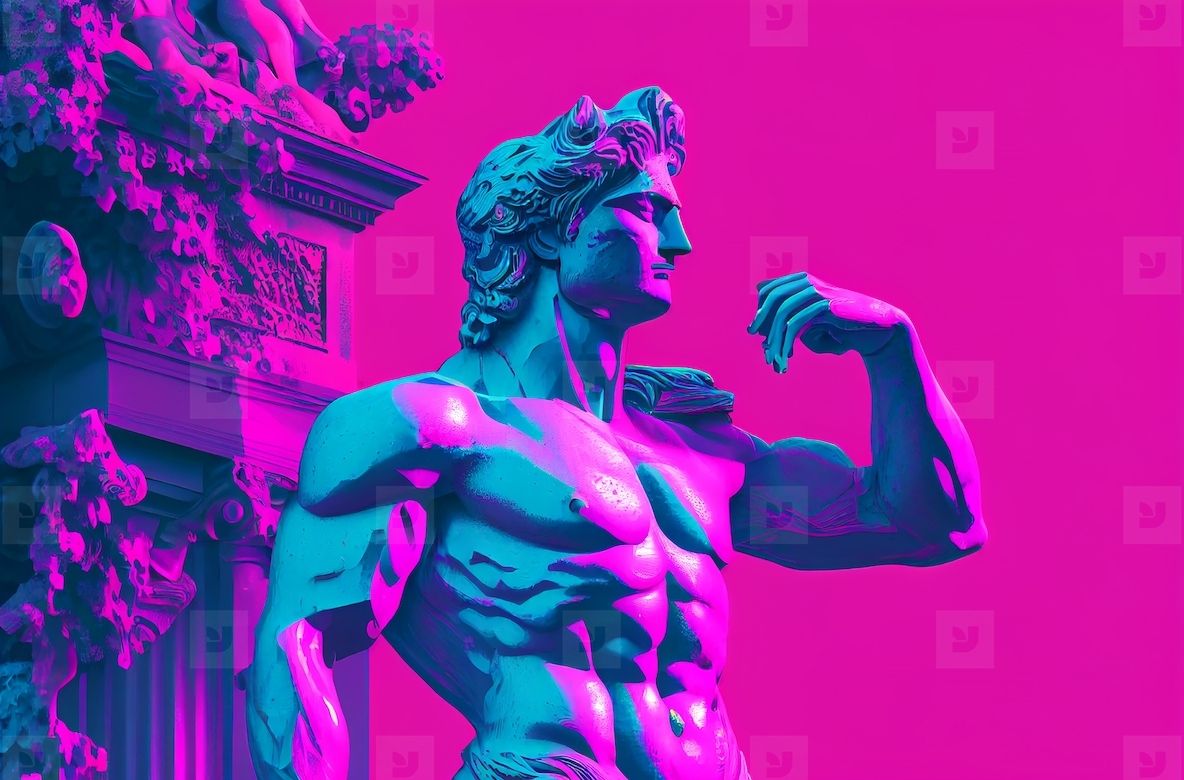 Greek god sculpture in retrowave city pop design, vaporwave styl