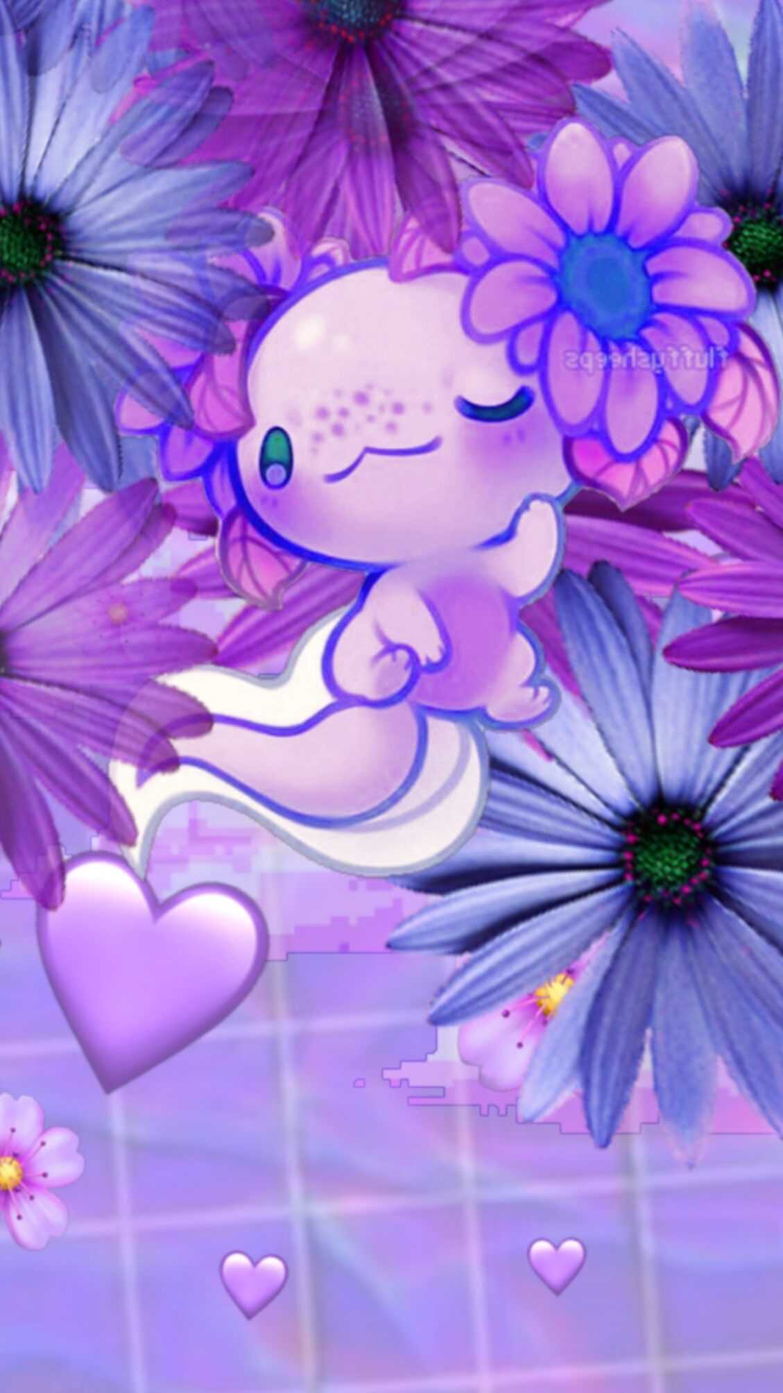 A cute little girl with purple flowers and hearts - Axolotl, purple