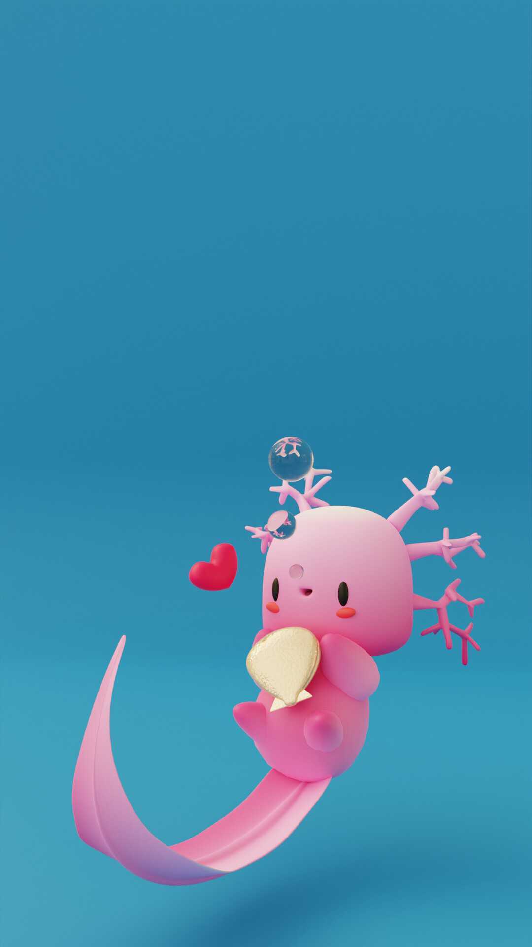 A cute little pink creature with wings and heart shaped eyes - Axolotl