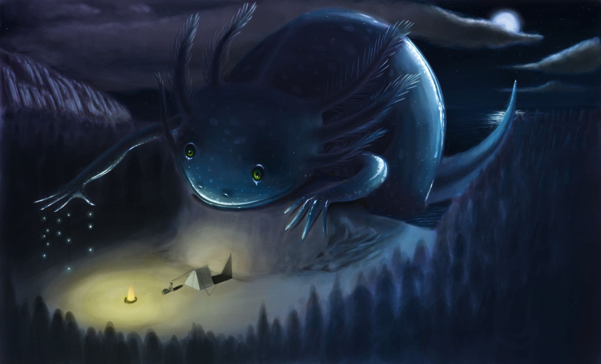 A giant fish with glowing eyes and sharp teeth is flying over a campsite at night. - Axolotl