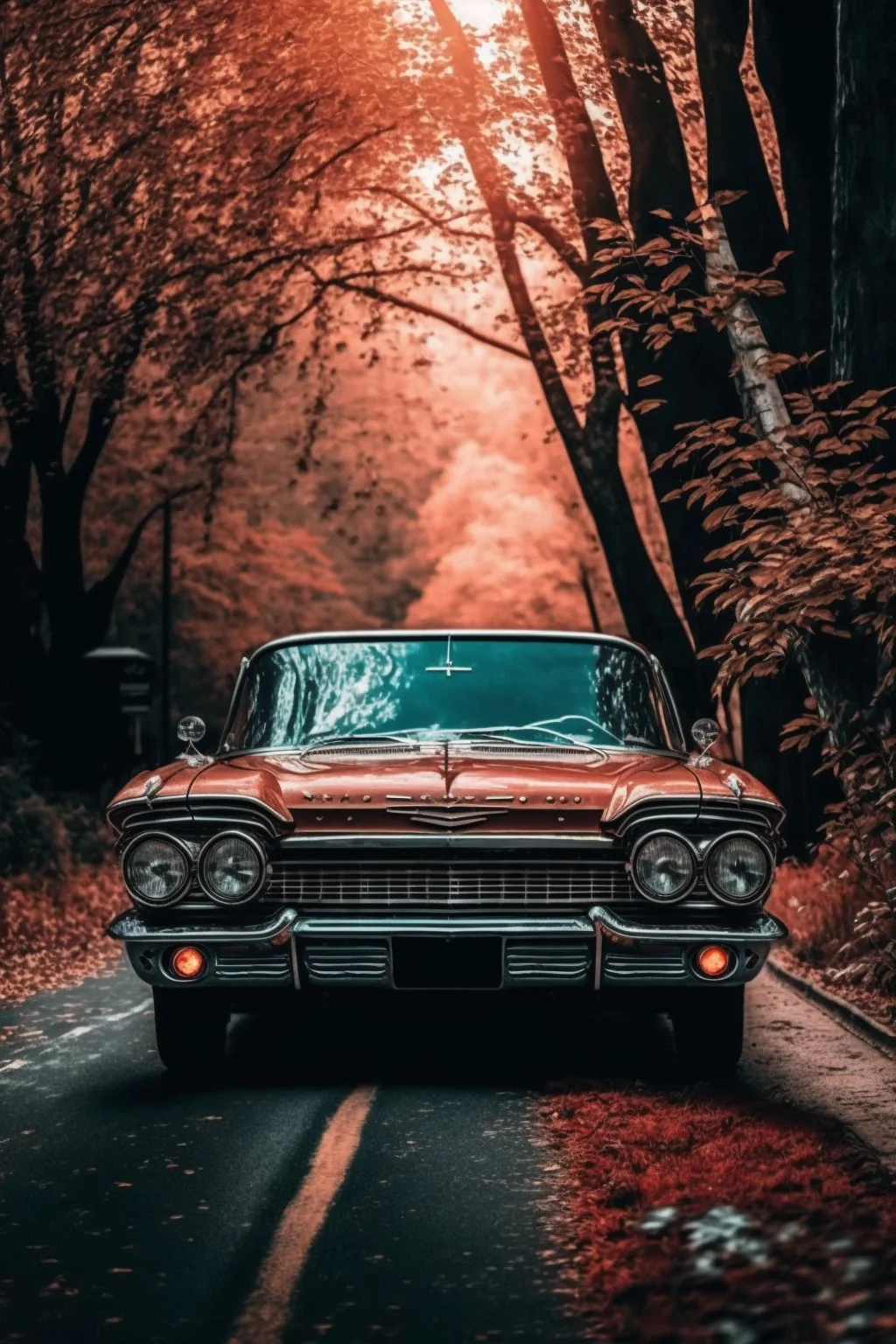 A classic car driving down the road in autumn - Cars