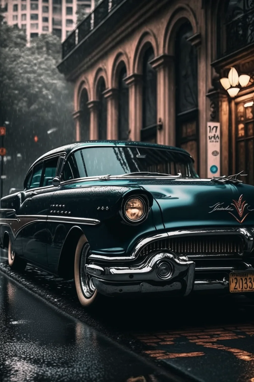 A classic car parked on the side of an old city street - Cars