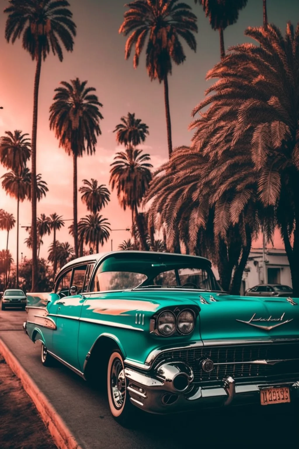 A classic car is parked on the side of an empty street - Cars