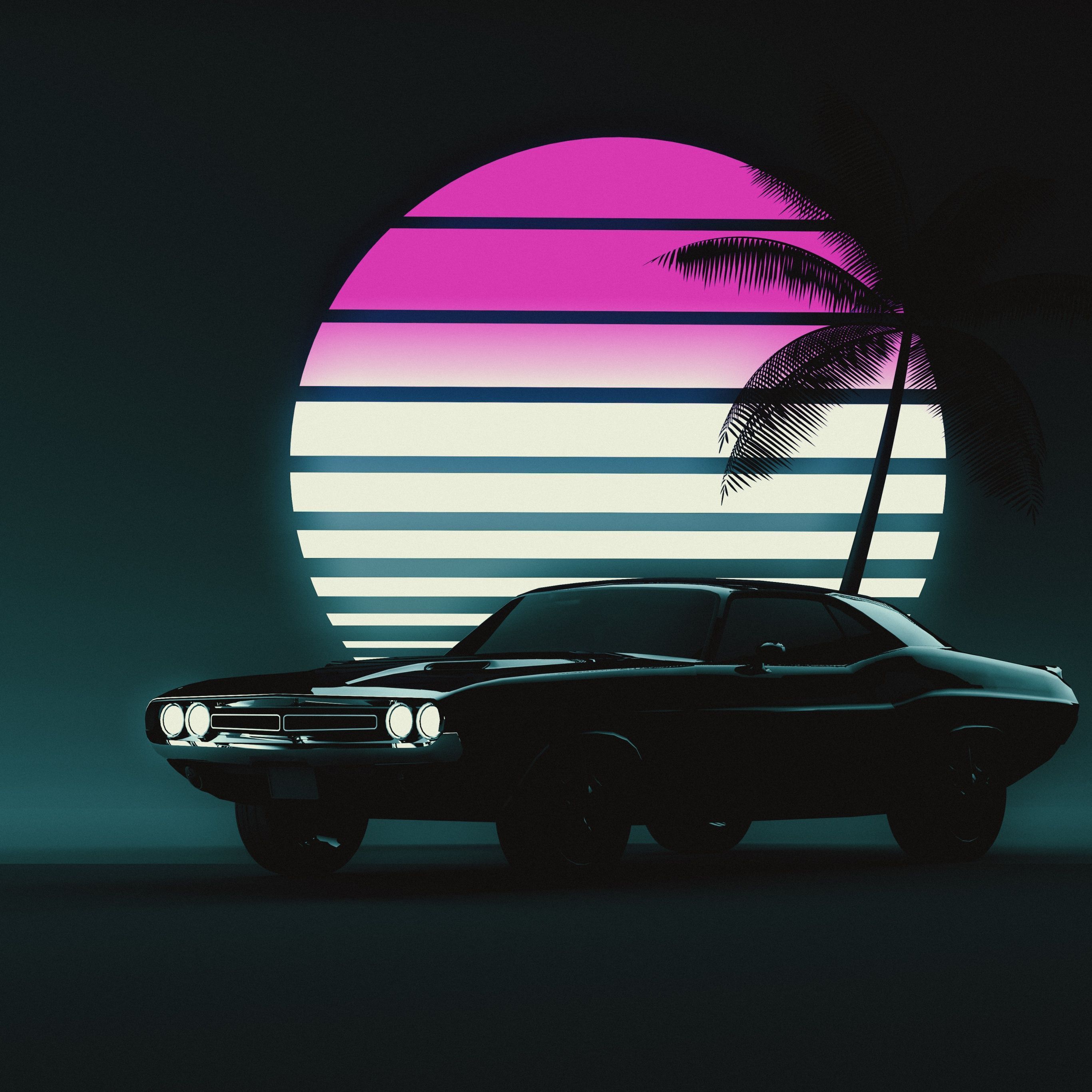 An illustration of a muscle car in front of a sunset - Cars