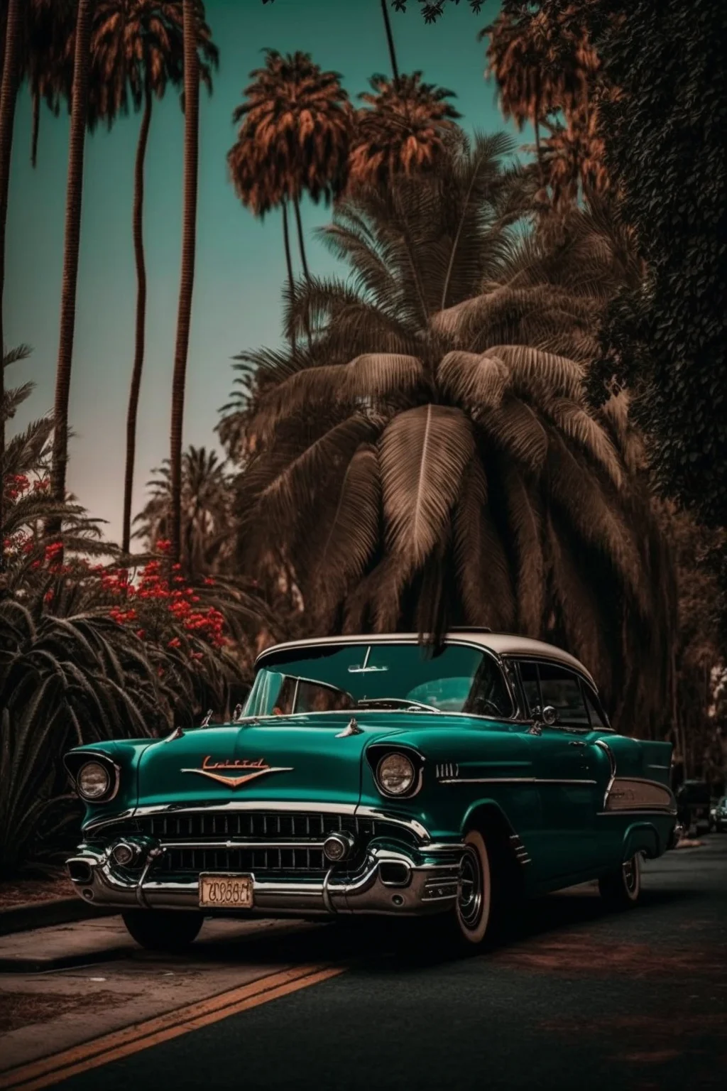 A green classic car parked on the side of the road with palm trees in the background. - Cars