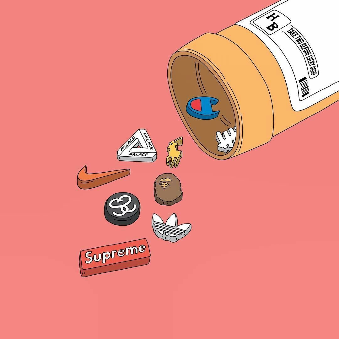 A bottle of pills with various items on top - Supreme