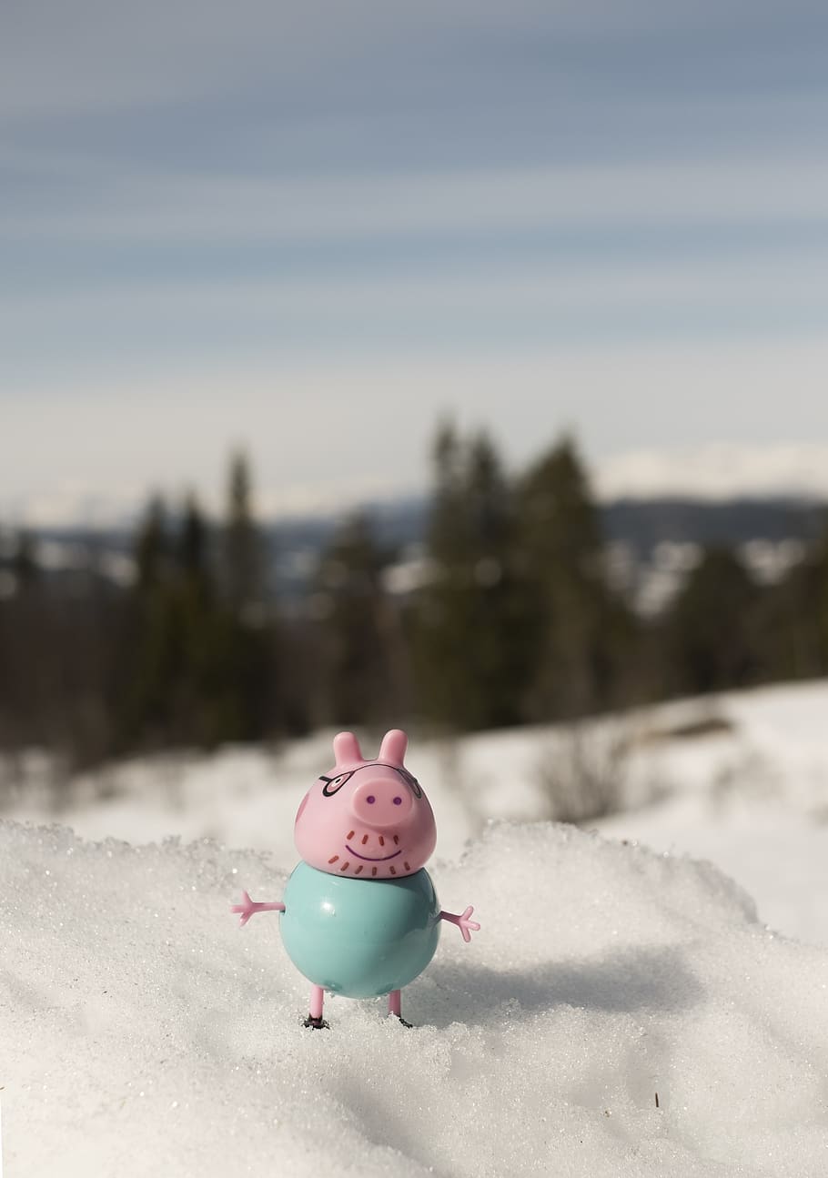HD wallpaper: daddy pig, peppa pig, toy, figure, cute, nature, view, snow