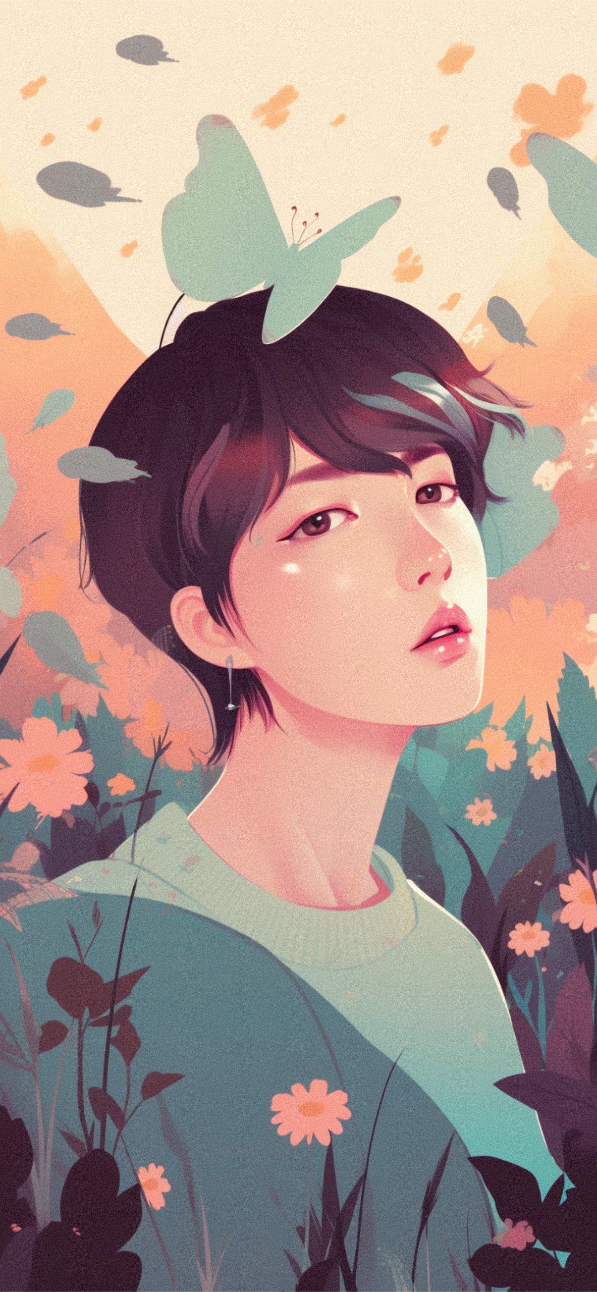 A girl with butterflies on her head - Illustration, Jungkook, BTS
