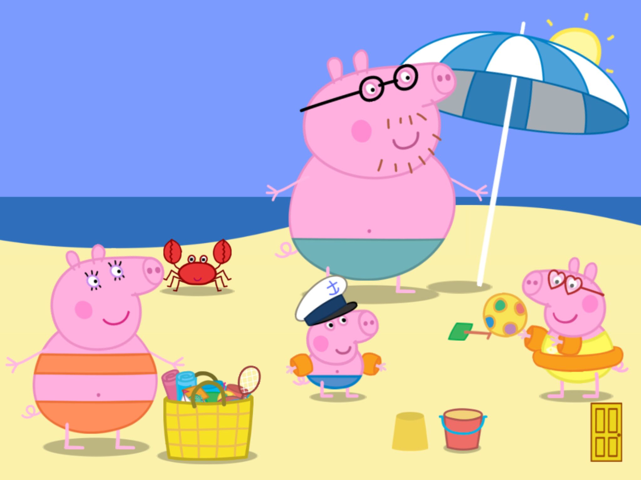 A cartoon of pepa and his family on the beach - Peppa Pig