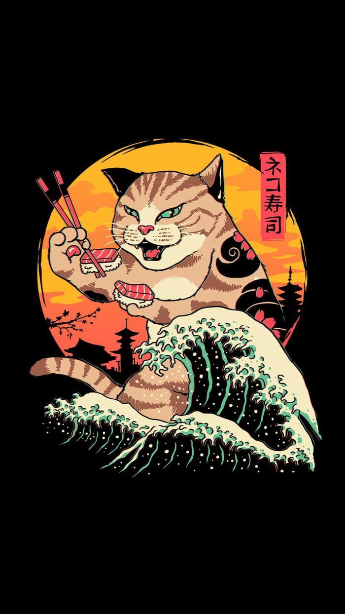 Illustration of a cat eating sushi - Illustration