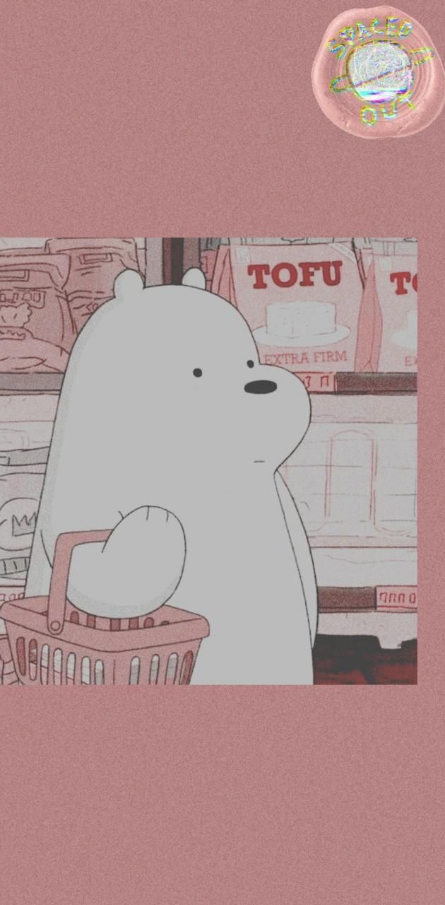 Aesthetic phone wallpaper of a white bear holding a pink basket. - We Bare Bears