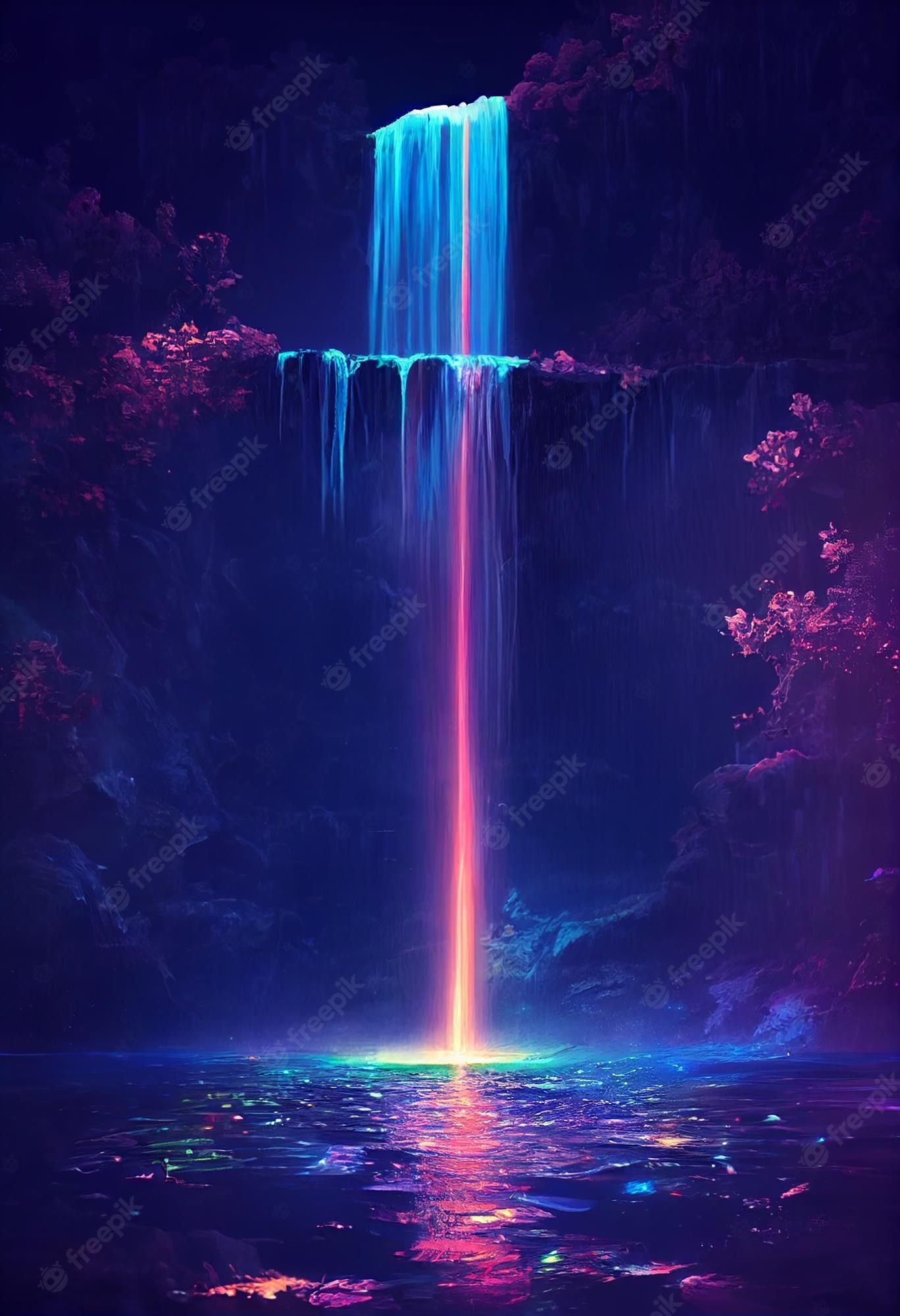 Premium Photo. Fantasy of neon waterfall in deep forest glowing colorful look like fairytale 2d illustration