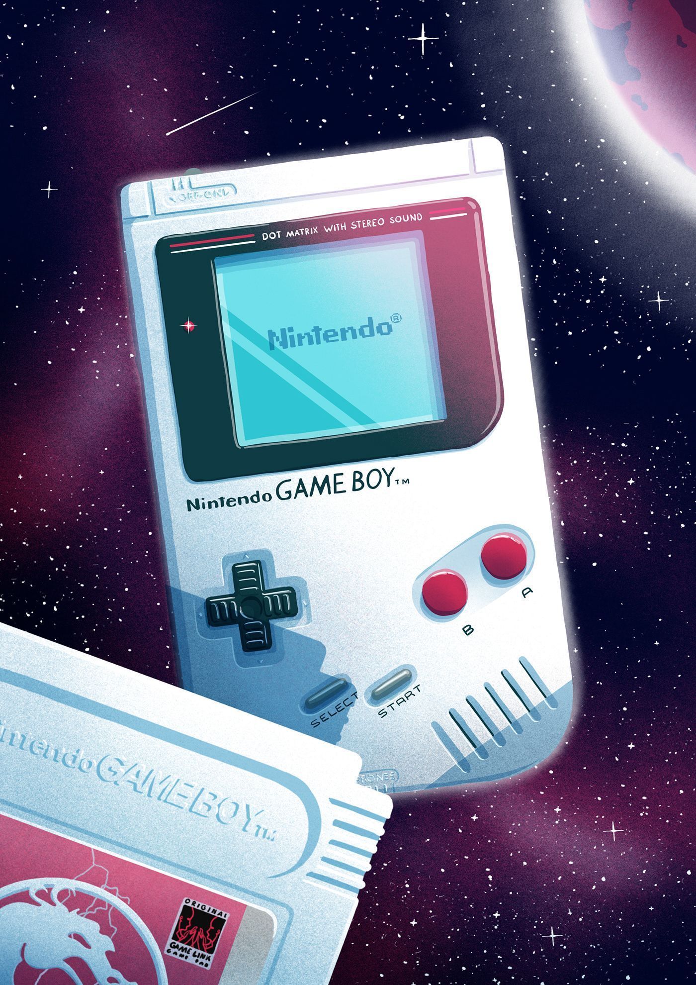 A Nintendo Gameboy in space with a red planet in the background - Nintendo, Game Boy