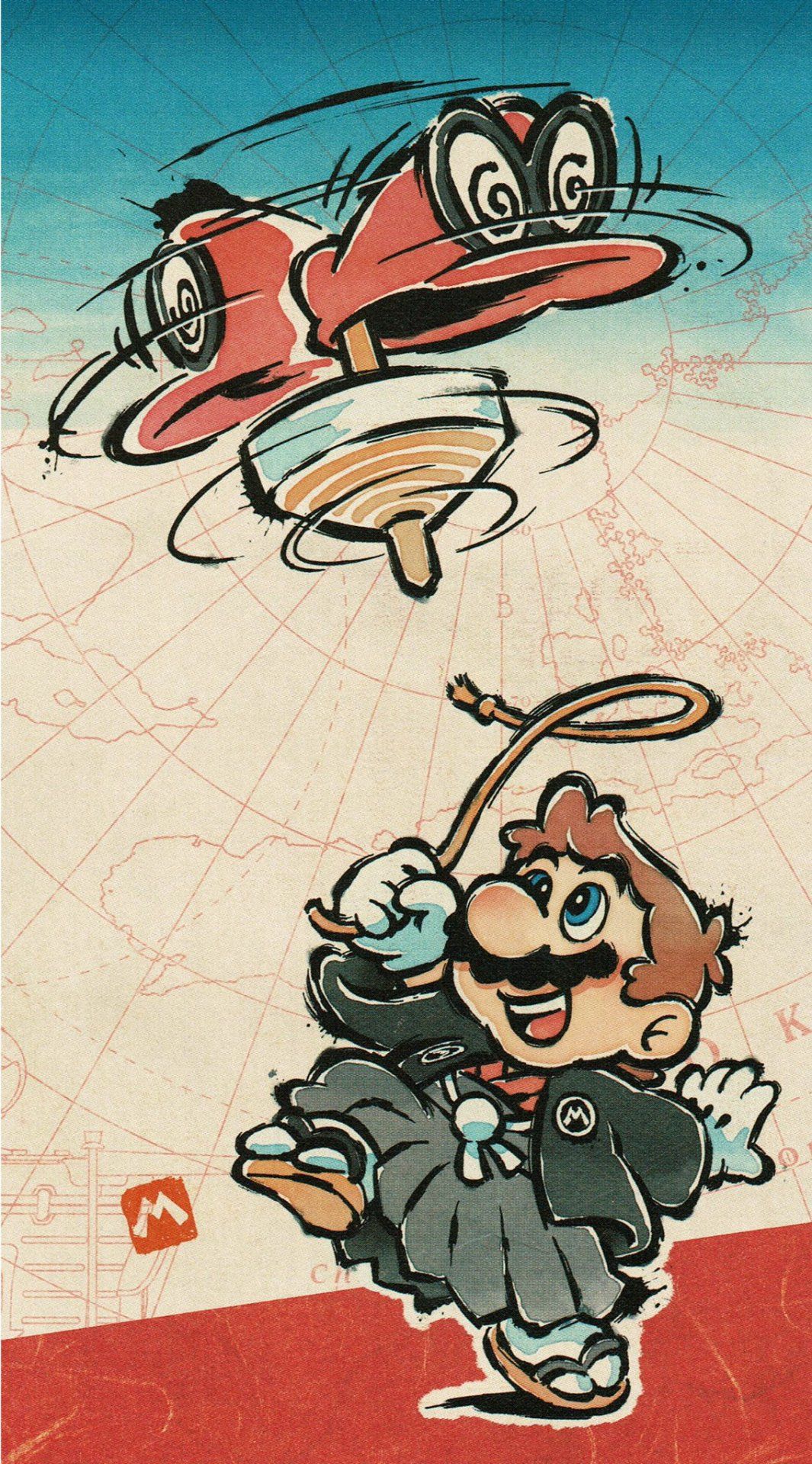 A painting of Mario and a red car flying through the air. - Nintendo